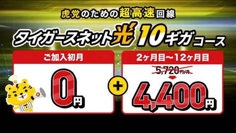 タイガースネット光10ギガがご加入後12ヶ月目まで月額4400円（税込）！