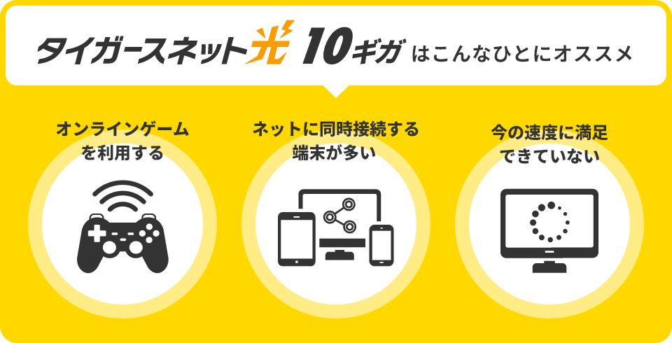 タイガースネット光10ギガ こんな人におすすめ オンラインゲームをする、ネットに同時接続する端末が多い、今の速度に満足できていない