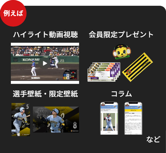 例えば ハイライト動画視聴・会員限定プレゼント・選手壁紙・限定我壁紙・コラム